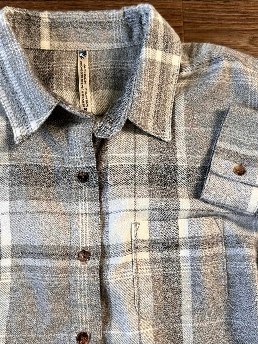 Kuhl Kamila Flannel‎ Shirt Womens Small Gray Plaid Button Up Outdoor Hiking Soft